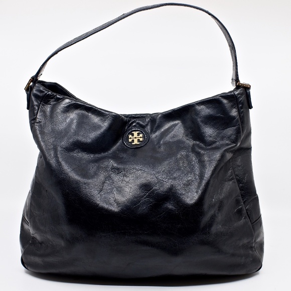 TORY BURCH~Dena~BLACK GLAZED LEATHER HOBO SHOULDER BAG - Picture 1 of 8